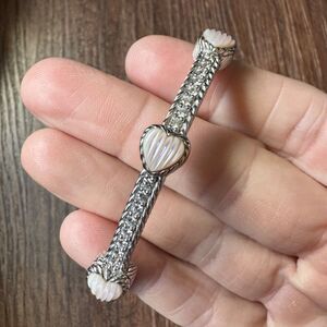 JUDITH RIPKA Sterling Silver Cuff Bracelet Pink Mother of Pearl Heart & CZ, MOP